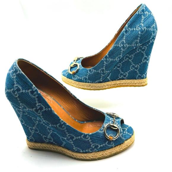 GUCCI CLASSIC BLUE DENIM MONOGRAM HORSEBIT ESPADRILLE WEDGES 37 - Picture 2 of 15